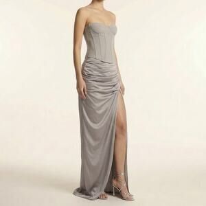 House of CB Demi Corset Jia Ruched Satin Maxi Skirt Set Thigh Slit Pewter XS